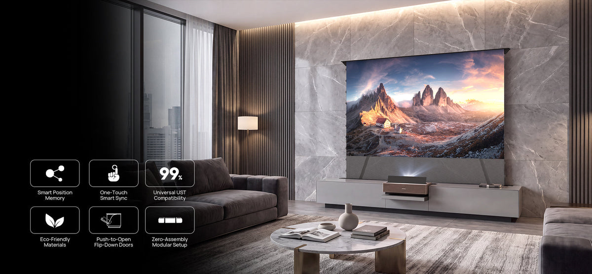 NothingProjector gray motorized laser TV cabinet in a modern minimalist living room with a floor rising screen
