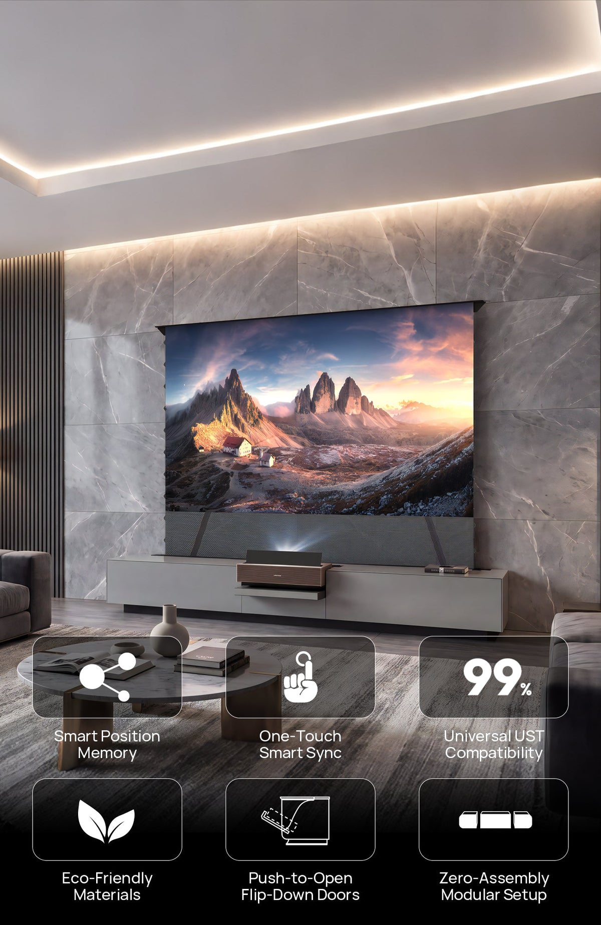 NothingProjector gray motorized laser TV cabinet in a modern minimalist living room with a floor rising screen