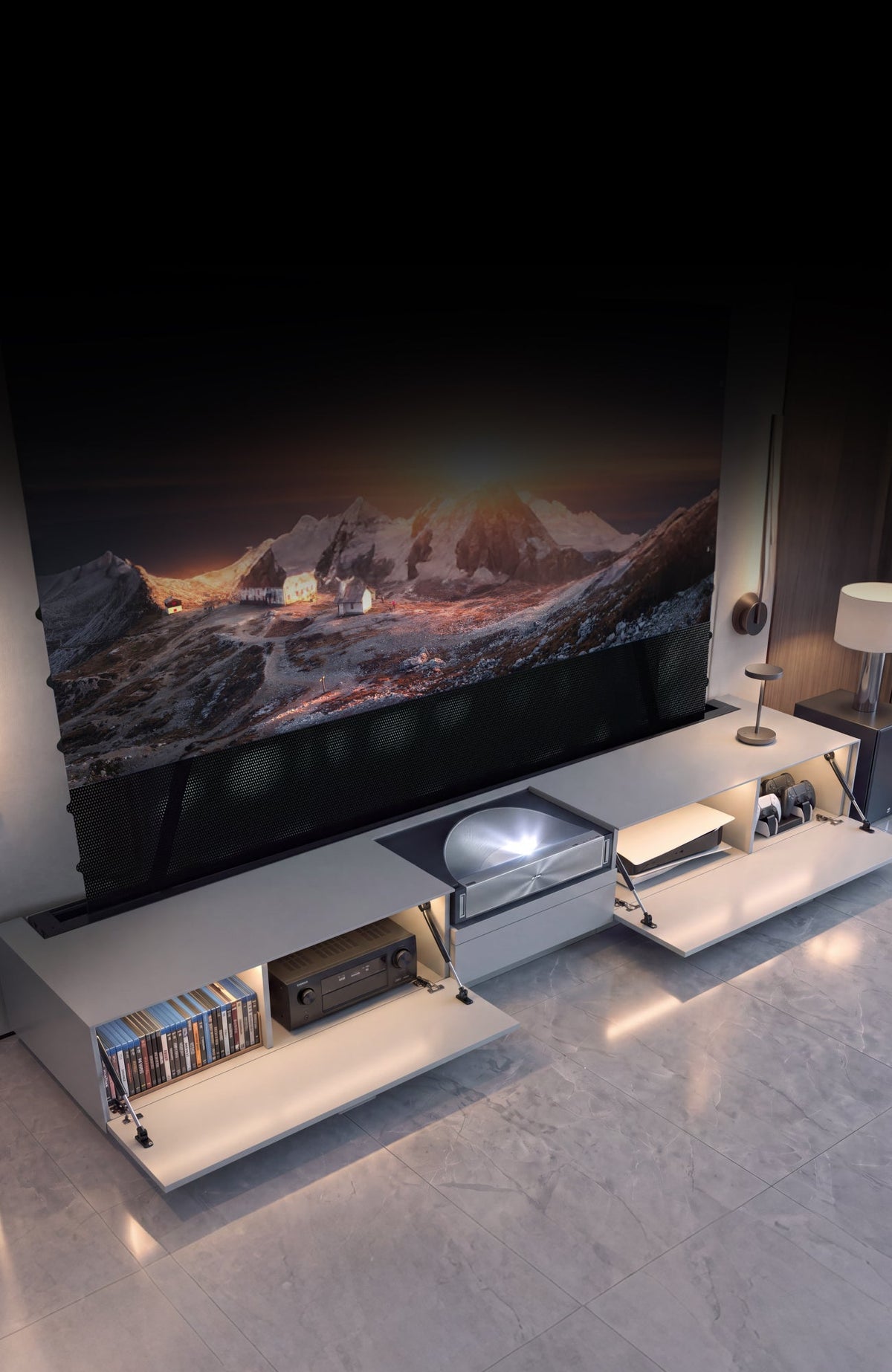 Side compartments of the NothingProjector gray laser TV cabinet holding consoles and AV receivers