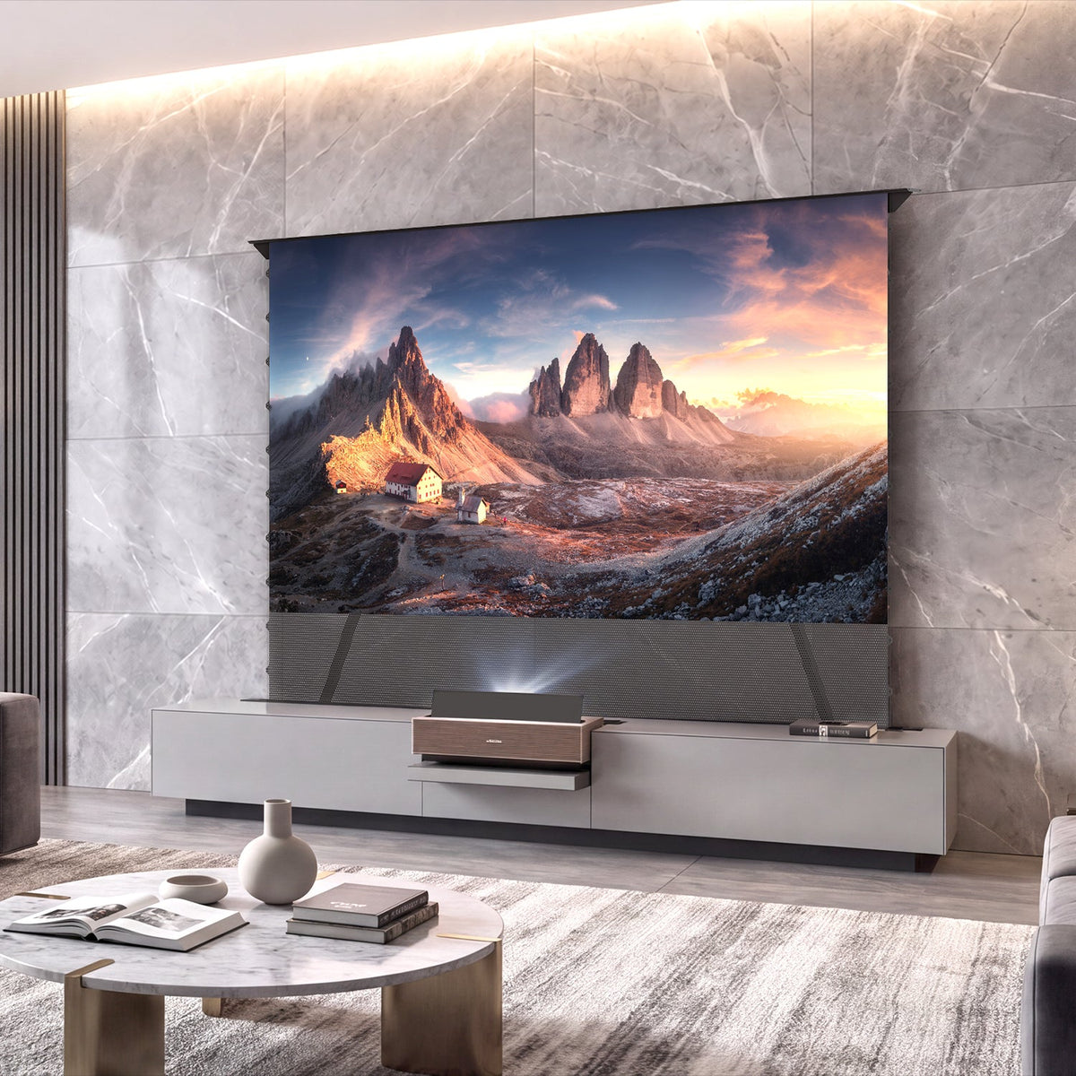 NothingProjector gray motorized laser TV cabinet with a floor rising ALR screen, scene view 01