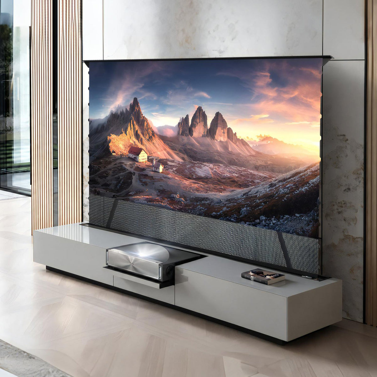NothingProjector gray motorized laser TV cabinet with a floor rising ALR screen, scene view 02