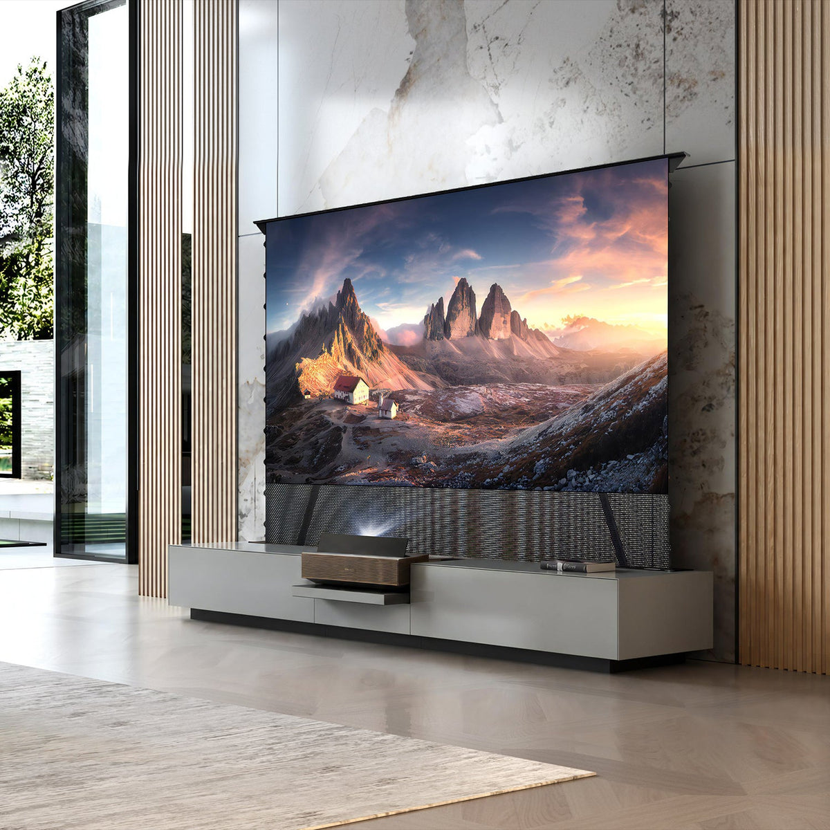 NothingProjector gray motorized laser TV cabinet with a floor rising ALR screen, scene view 03