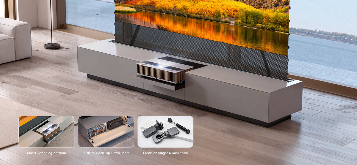Motorized extending platform sliding a UST projector forward from the open middle compartment