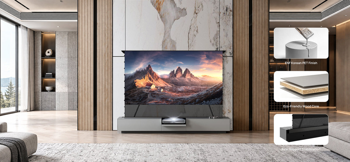 Solid multilayer wood construction and push-to-open flip-down doors on the NothingProjector gray laser TV cabinet