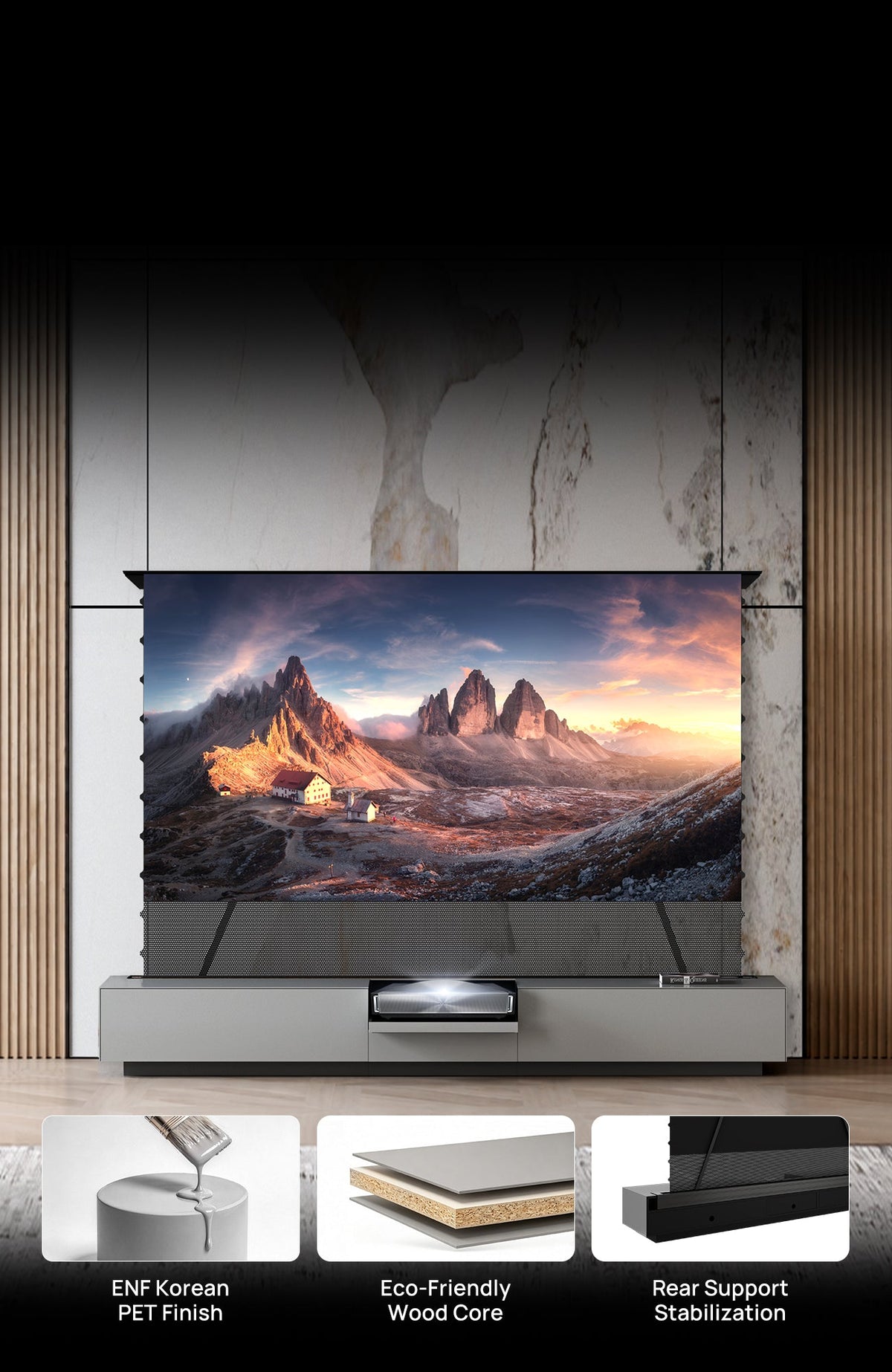 Solid multilayer wood construction and push-to-open flip-down doors on the NothingProjector gray laser TV cabinet