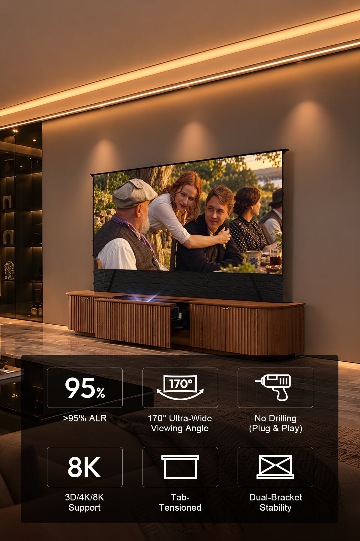 NothingProjector Milo laser TV cabinet — Black Series 95% ALR Motorized Floor Rising Screen