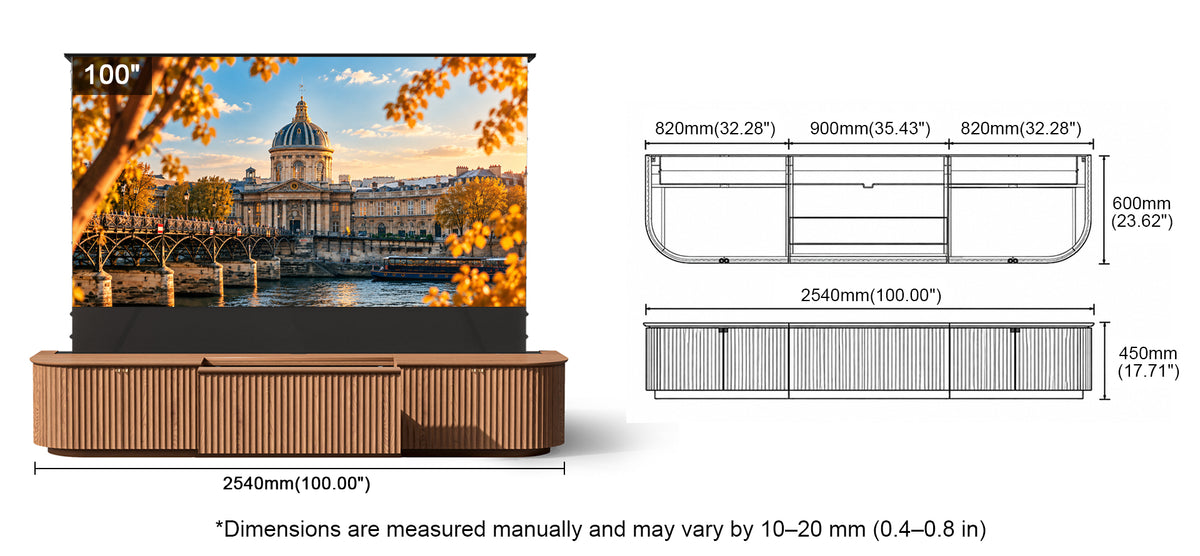 NothingProjector Milo 100 inch laser TV cabinet dimensions chart in mm and inches