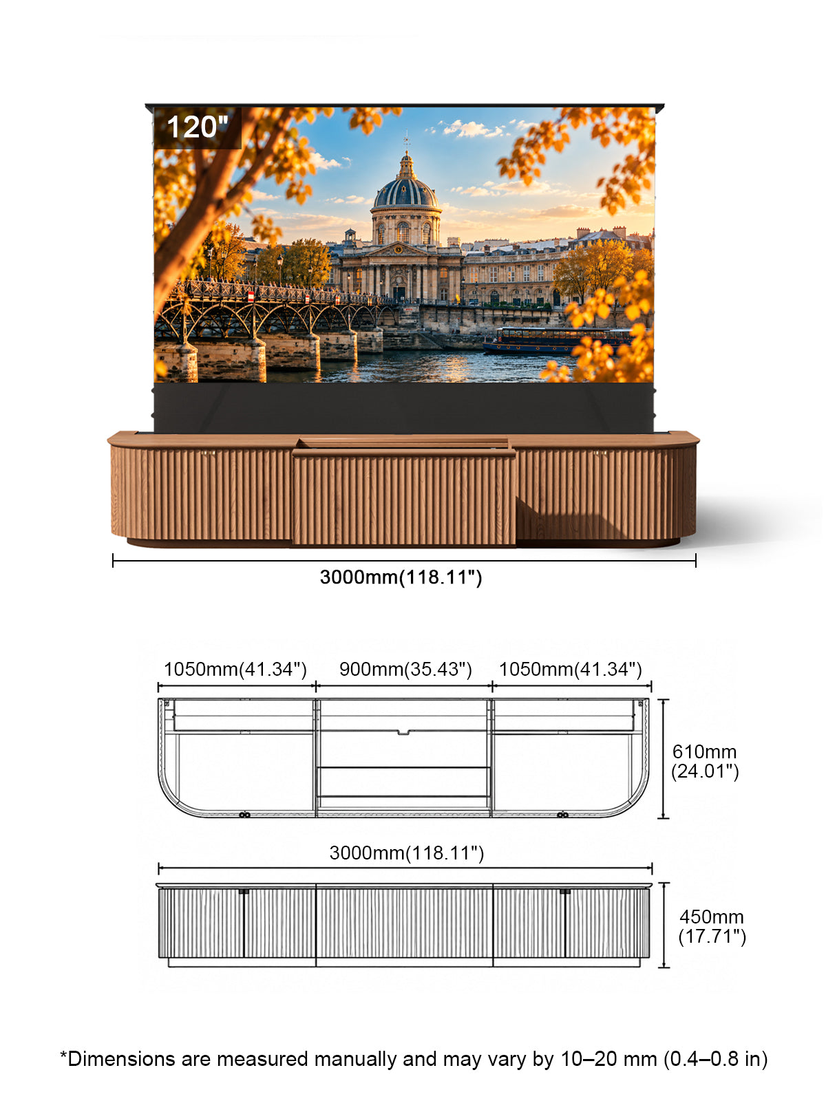 NothingProjector Milo 120 inch laser TV cabinet dimensions chart in mm and inches