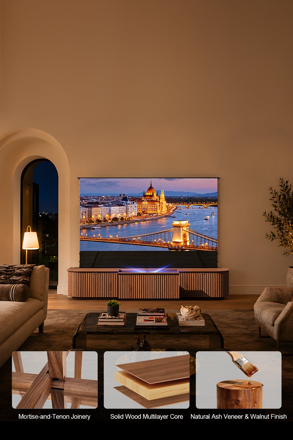 NothingProjector Milo laser TV cabinet — Solid Multilayer Craftsmanship with Open-Pore Walnut Finish