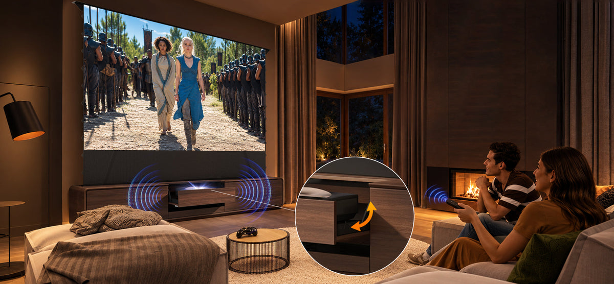 NothingProjector Walnut laser TV cabinet — auto sync system