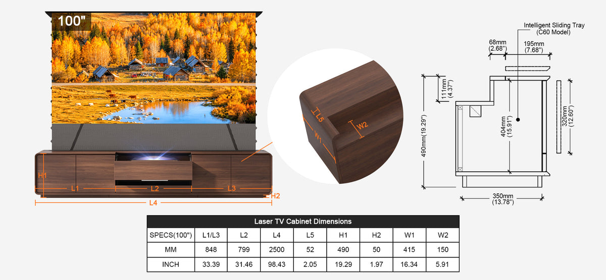 NothingProjector Walnut 100 inch laser TV cabinet dimensions in mm and inches