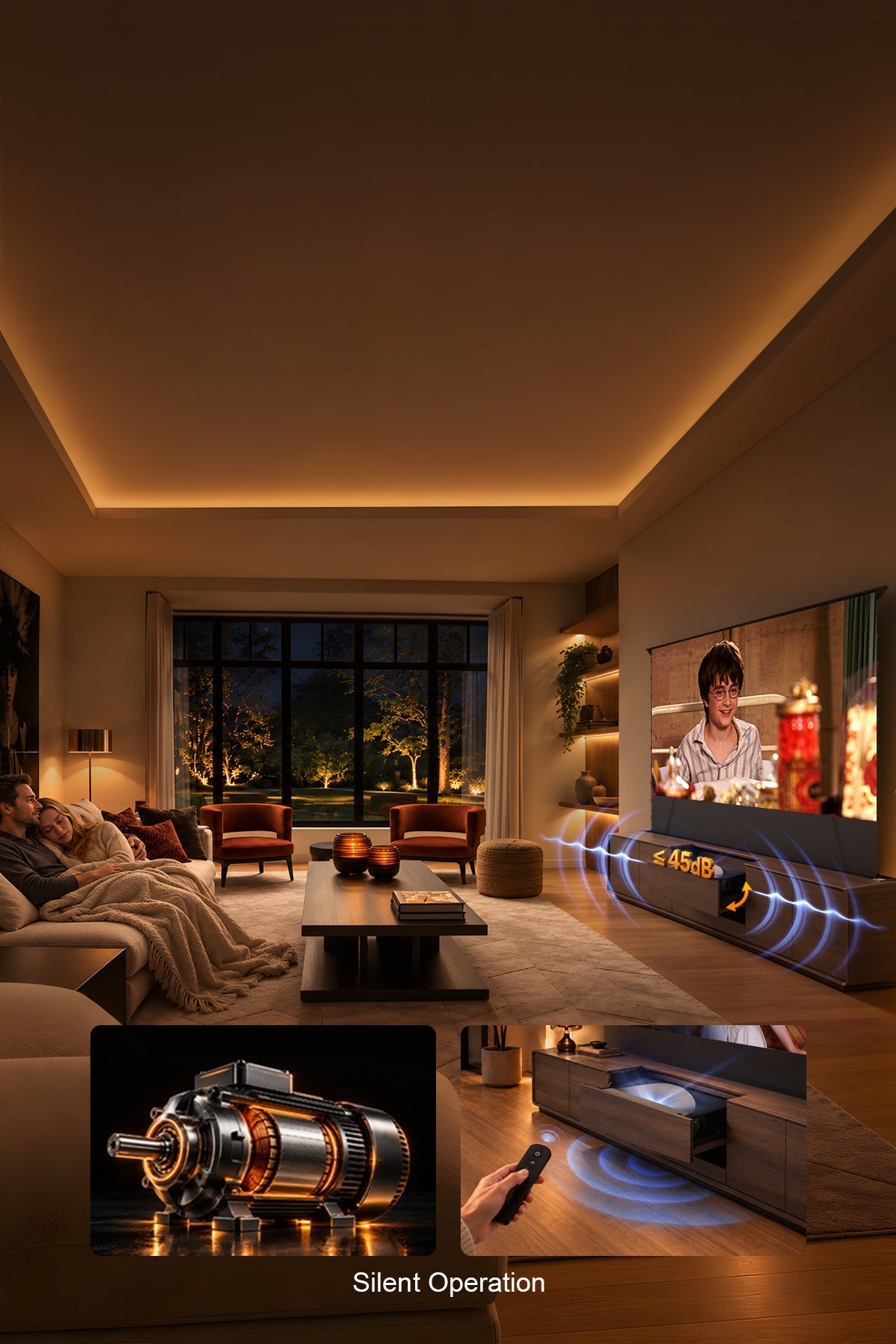 NothingProjector Walnut laser TV cabinet — whisper quiet motor