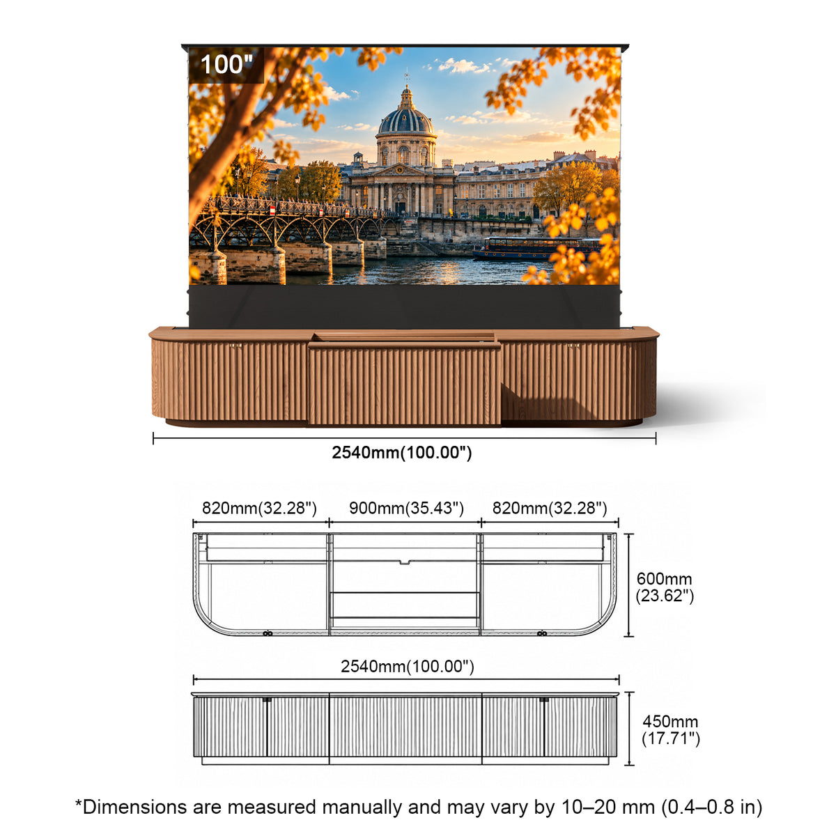NothingProjector Milo 100 inch laser TV cabinet dimensions in mm and inches