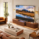 NothingProjector Milo solid wood laser TV cabinet set up in a living room with a 100 inch screen