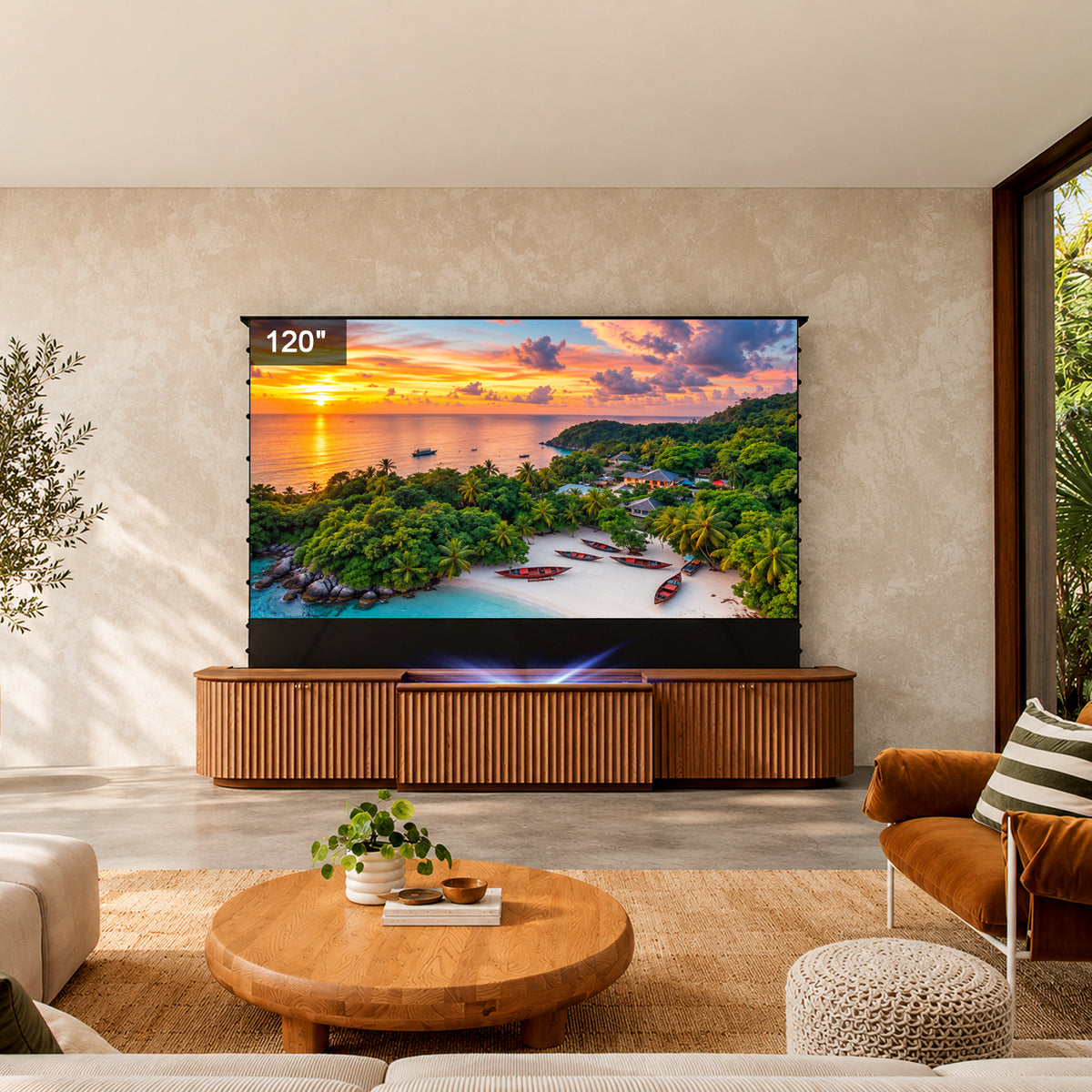 NothingProjector Milo solid wood laser TV cabinet set up in a living room with a 120 inch screen