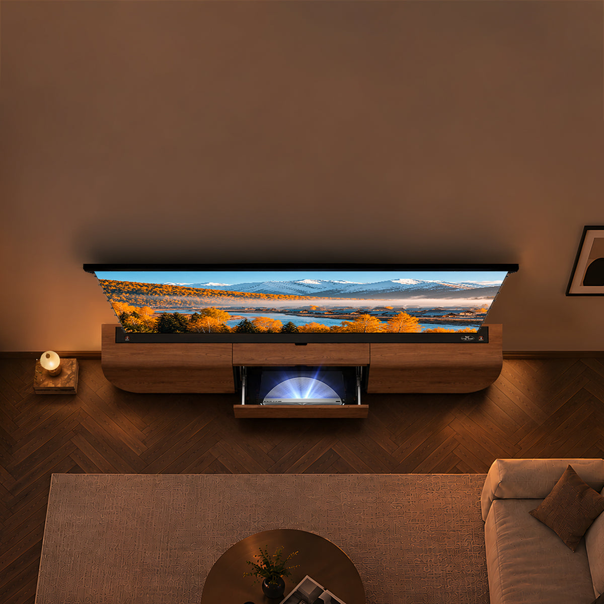 Front view of the NothingProjector Milo laser TV cabinet for UST projectors with the sliding tray closed and no visible equipment
