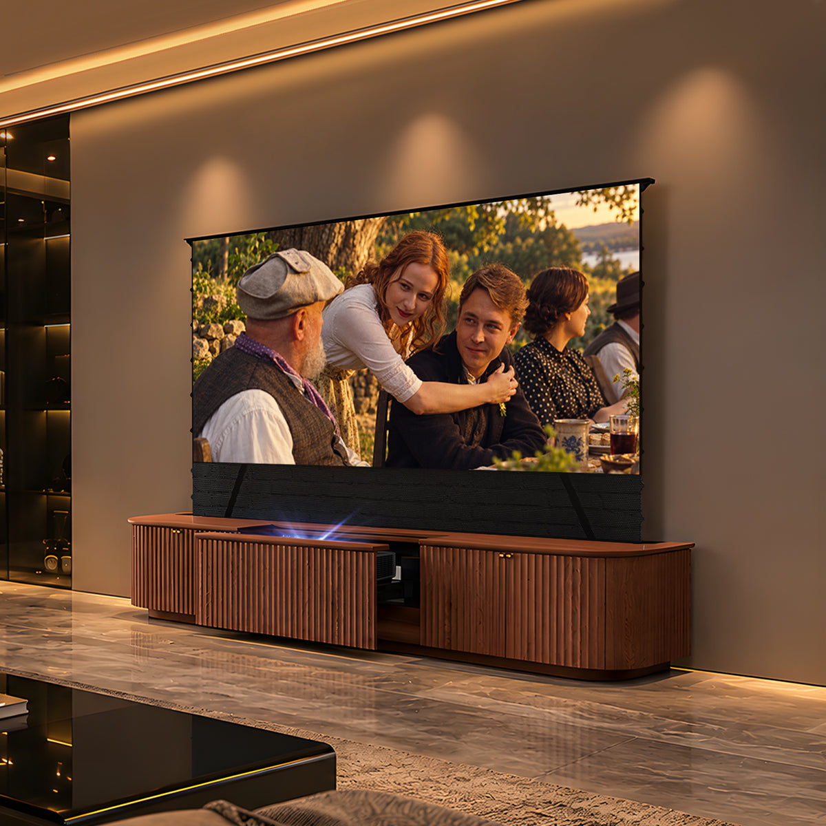 NothingProjector Milo solid wood motorized laser TV cabinet for UST projectors in a modern living room