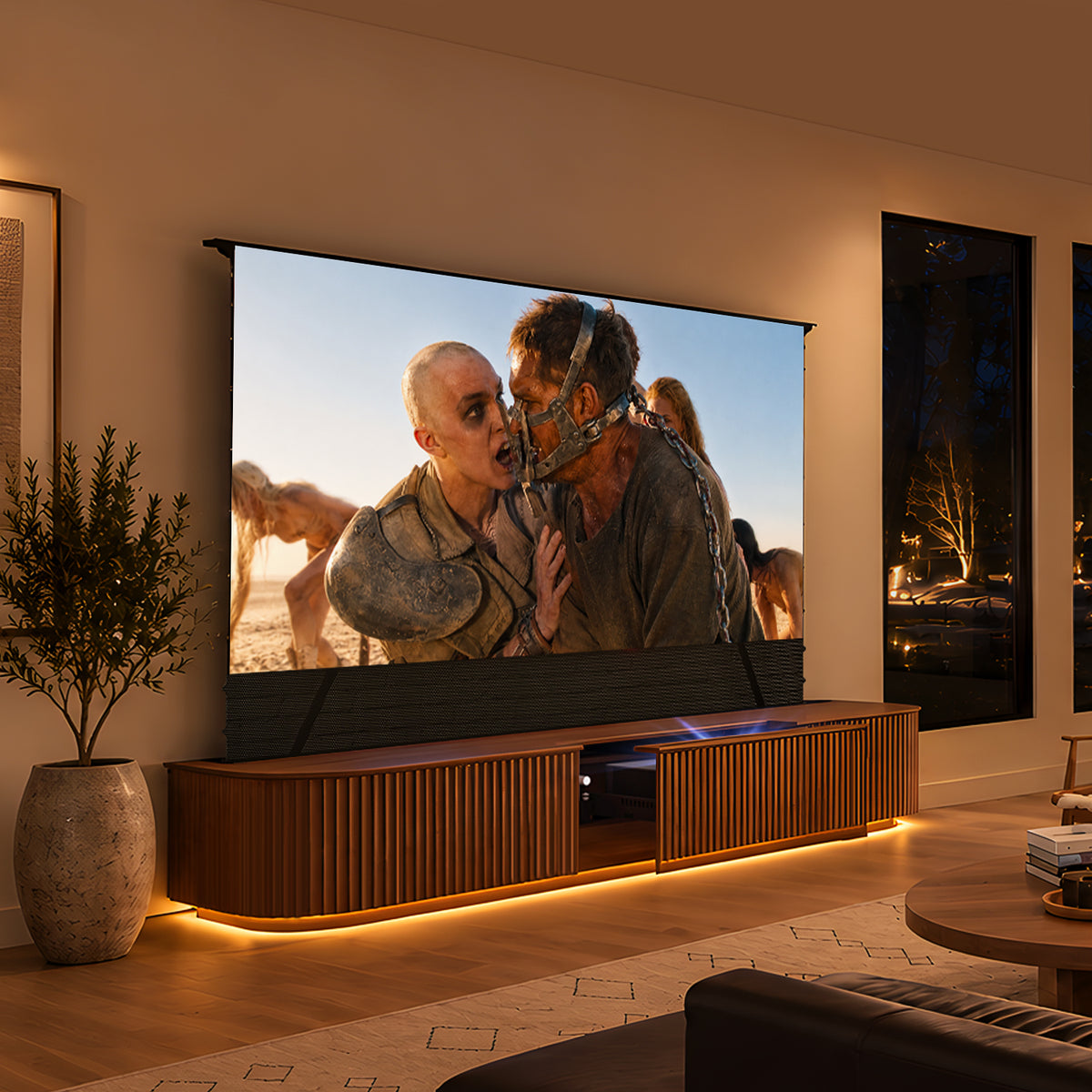 NothingProjector Milo UST projector cabinet styled in a living room with fluted wood panels and concealed cable routing