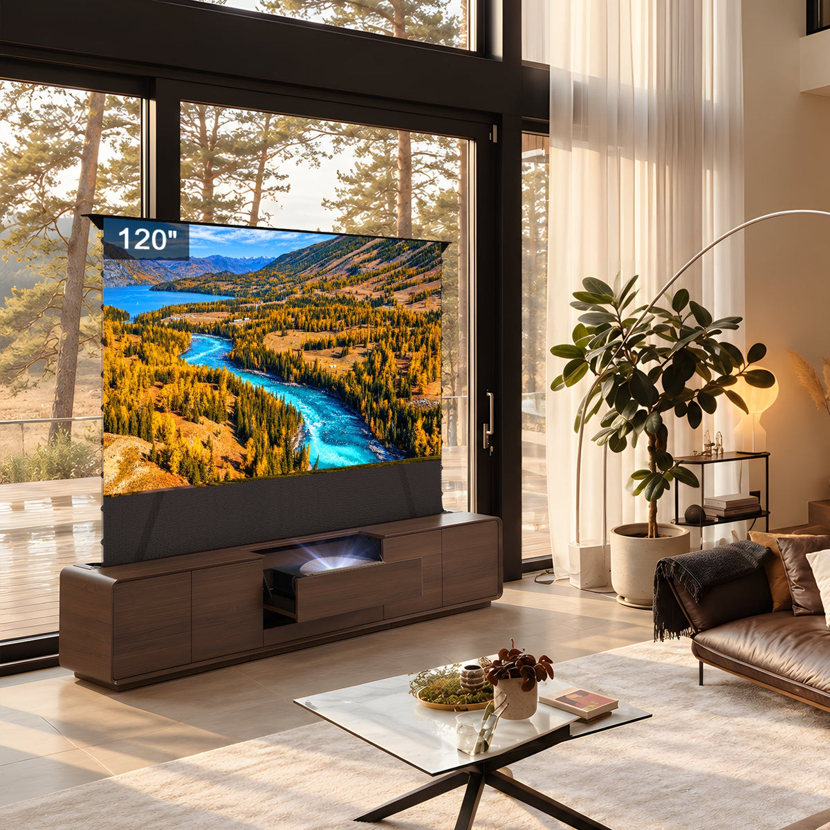 NothingProjector Laser noyer TV meuble dans un séjour avec un 120 pouce ALR plancher montant écran élevé