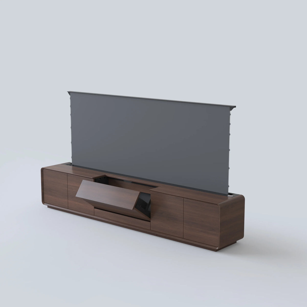 NothingProjector Noyer Ultra Courte Focale vidéoprojecteur meuble, vue de face complète sur fond gris neutre